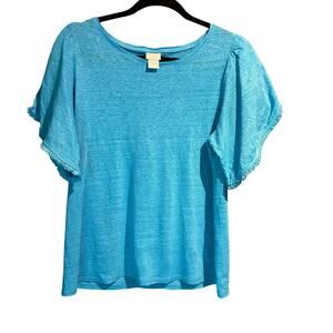 Chico's Size 1 Medium Linen turquoise top fringe sleeves Natural Boho Coastal